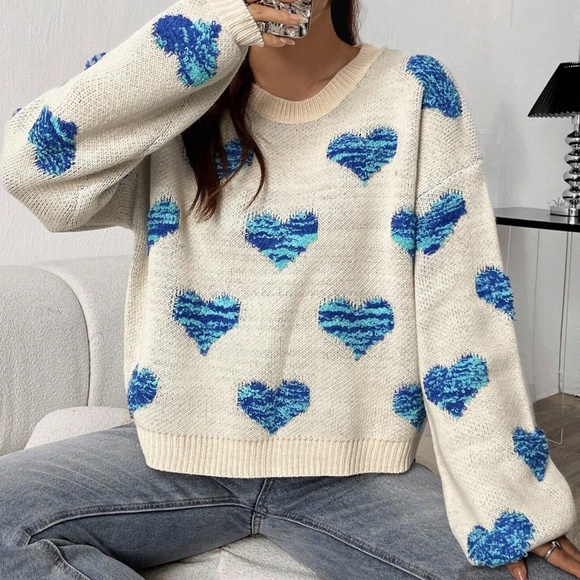 06 Cozy Hearts Print Oversized Knit Sweater Top - Picture 10 of 14
